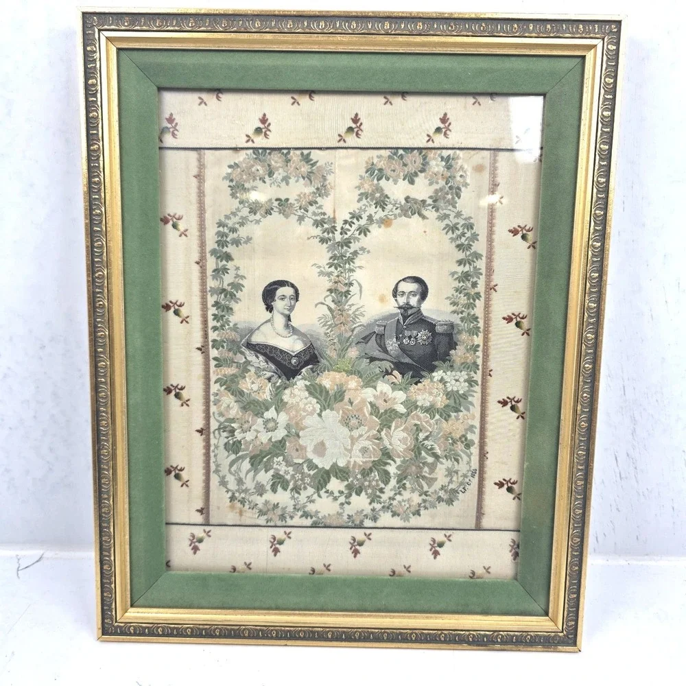 1855 Woven Silk Textile Empress Eugenie & Napoleon III Paris World's Fair Framed